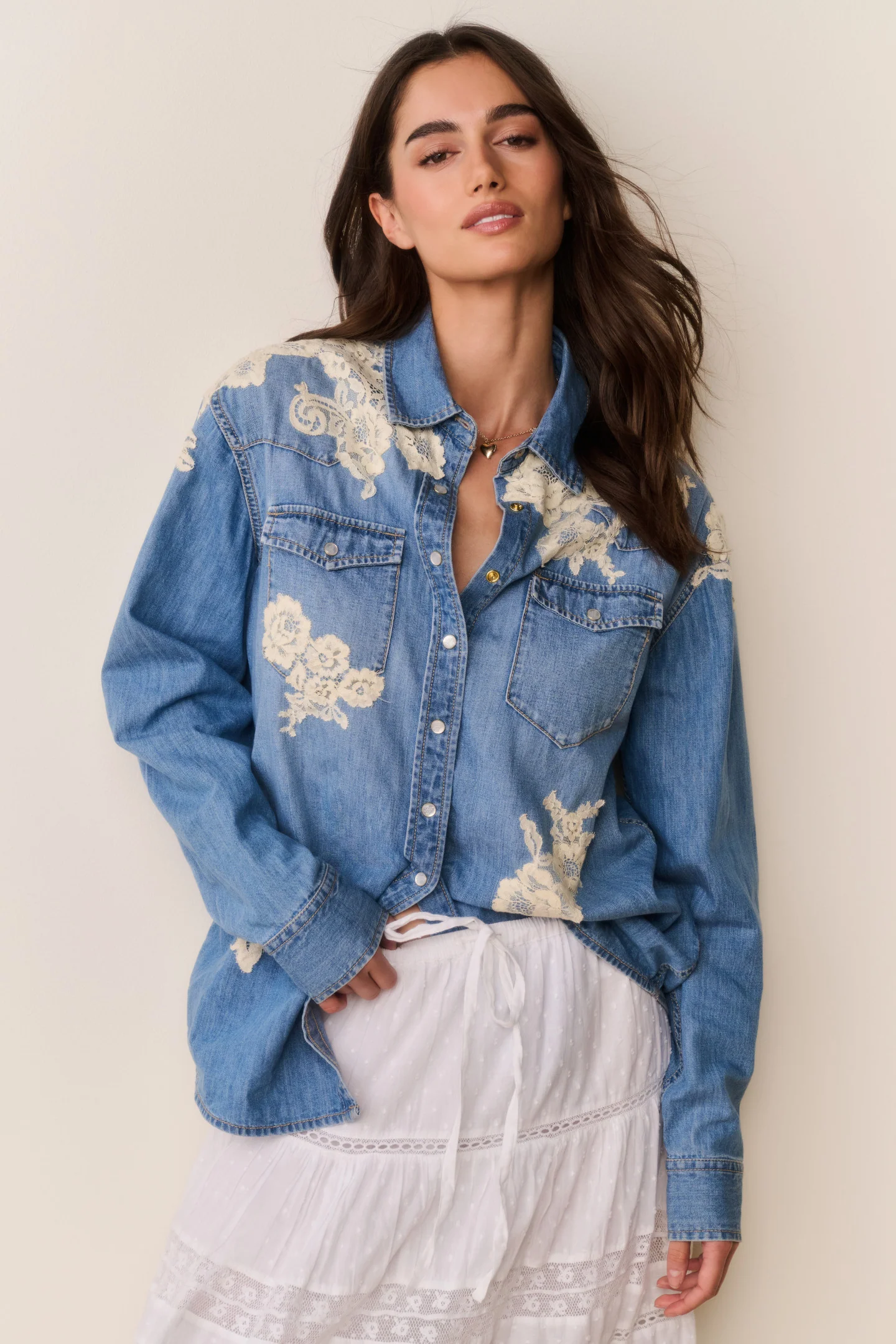 Kelith Lace Appliqué Chambray Shirt