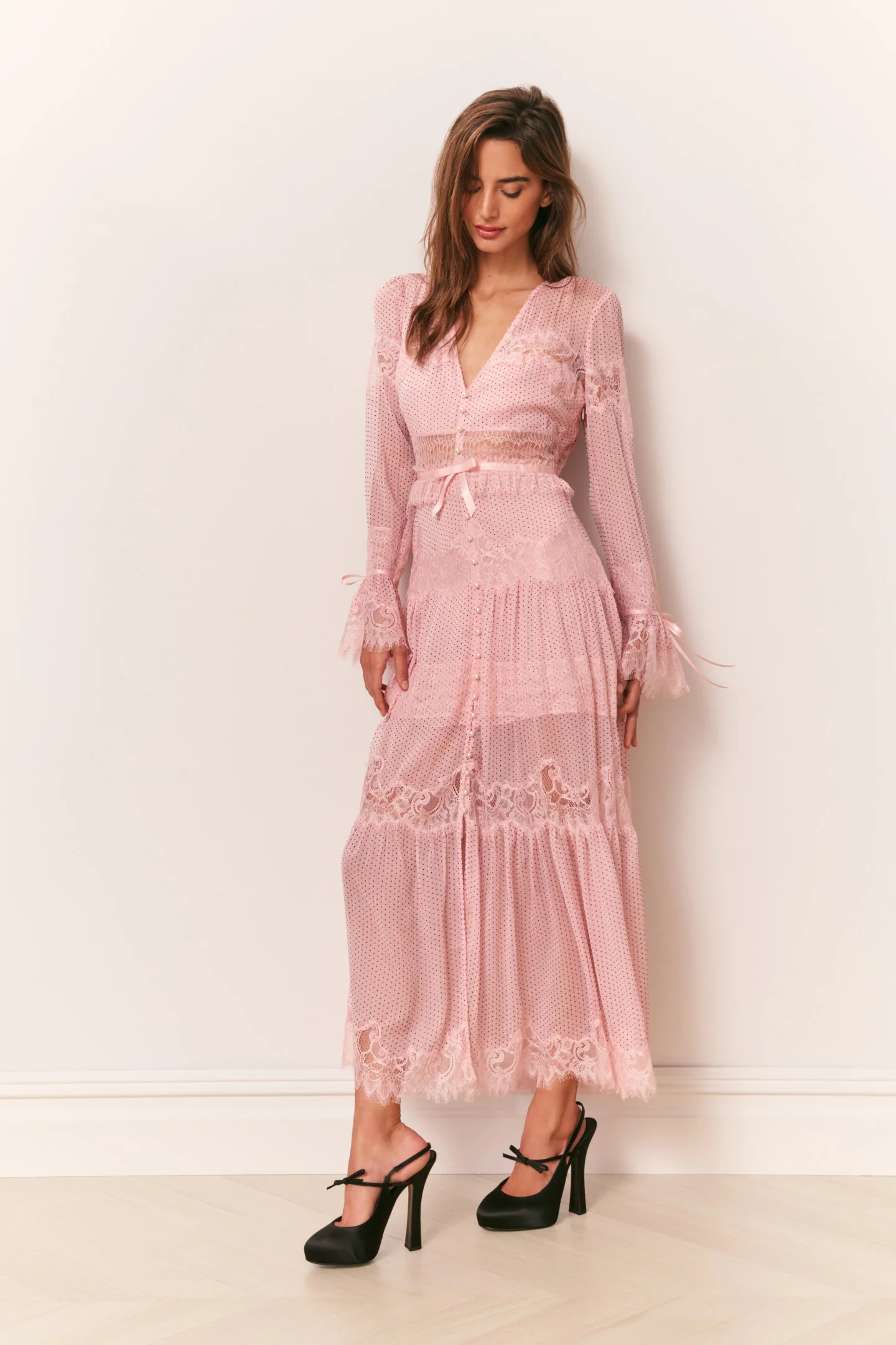 Marinetta Polka Dot Lace-Trim Maxi Dress